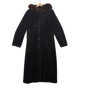 S by Searle Women's Black Wool Alpaca Coat w/ Fox Fur Hood Trim Size 6